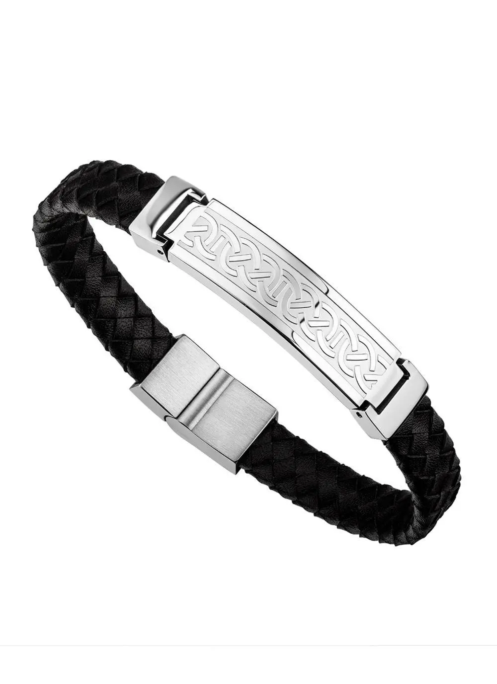 Black Leather Celtic Bracelet with Stainless Steel
